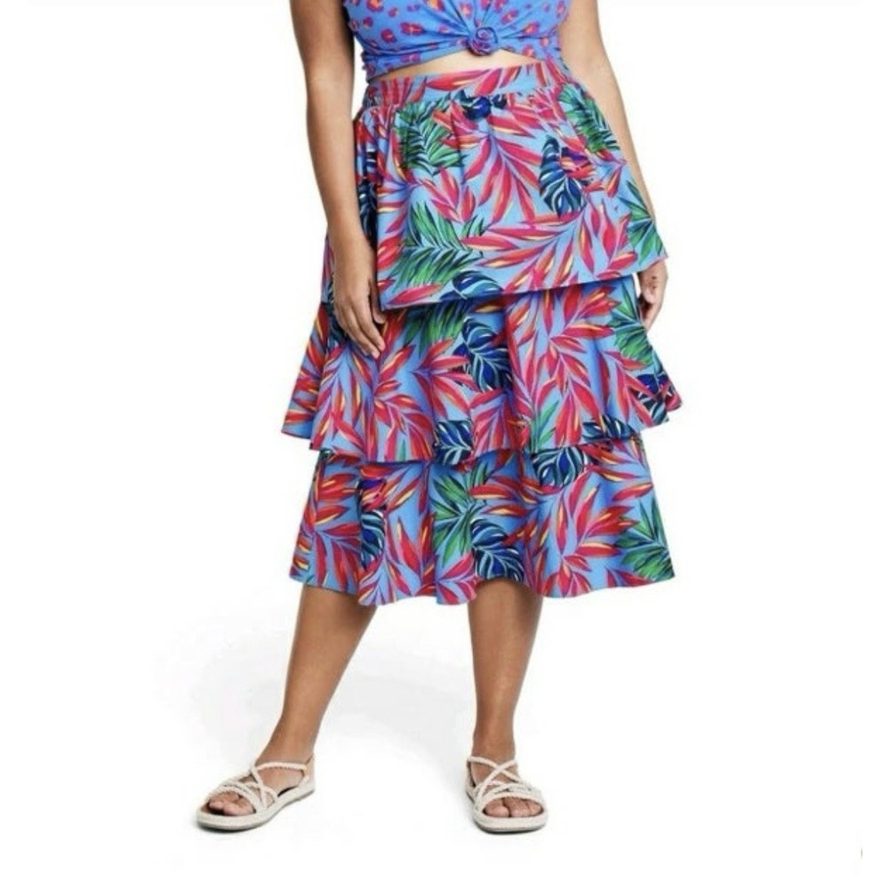 Tabitha Brown X Target Tiered, Midi Skirt sz XL Colorful Tropical Floral Print